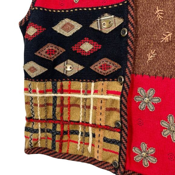 Vintage Y2K Susan Bristol Fall Embroidered Mixed Media Knit Vest Size Medium - Picture 3 of 11